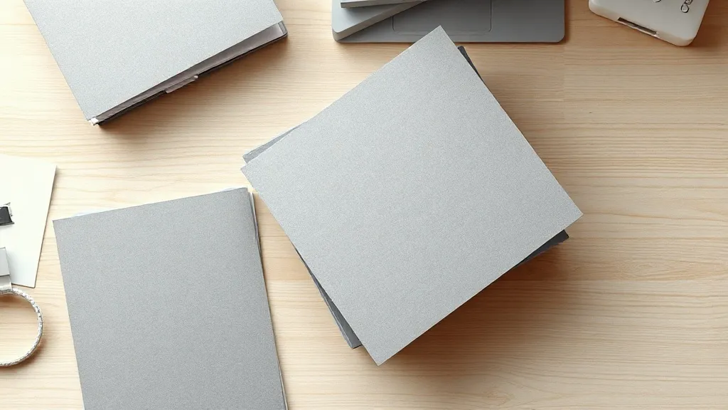 A high-angle minimalist photograph of organized gray paper f