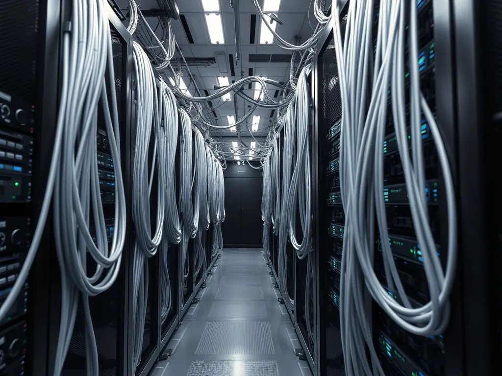 High-tech server room with silver cables and professional ha